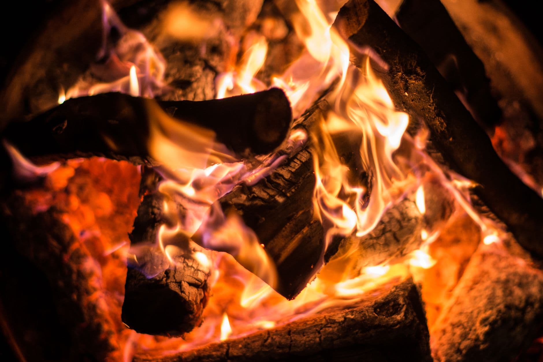 Warm close-up shot of crackling firewood flames in a campfire, perfect for cozy outdoor gatherings.
